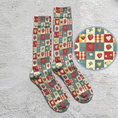 Cute Strawberry Floral Patchwork Pattern Socks, Adult Socks for Men and Women
