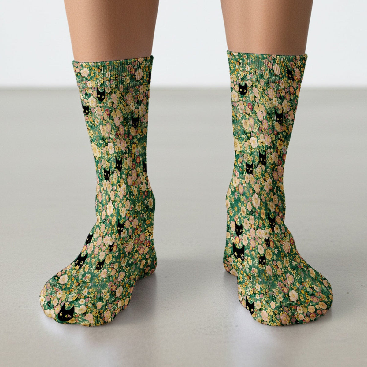 Cute Black Cat In Floral Garden Pattern Socks, Adult Socks for Men and Women