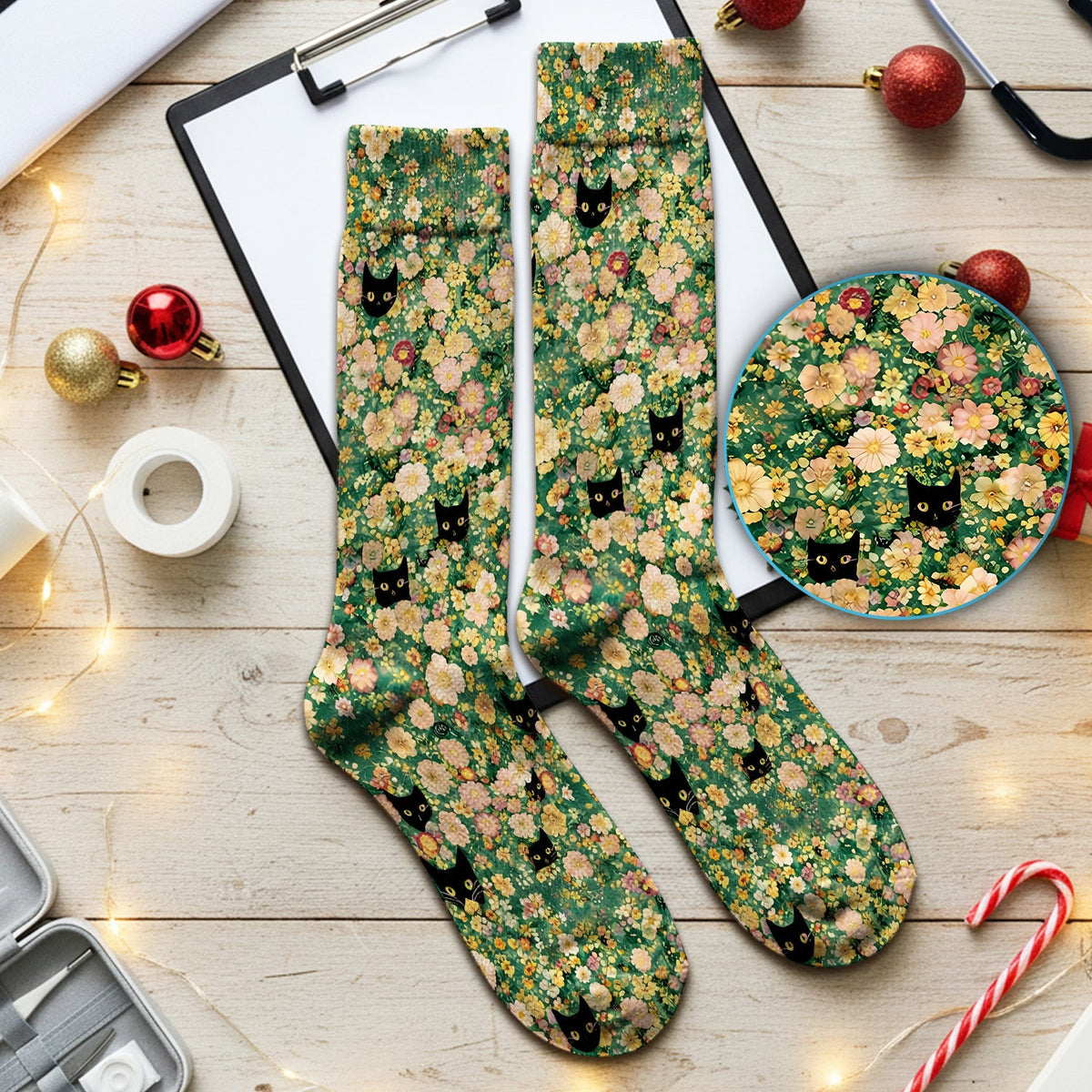 Cute Black Cat In Floral Garden Pattern Socks, Adult Socks for Men and Women