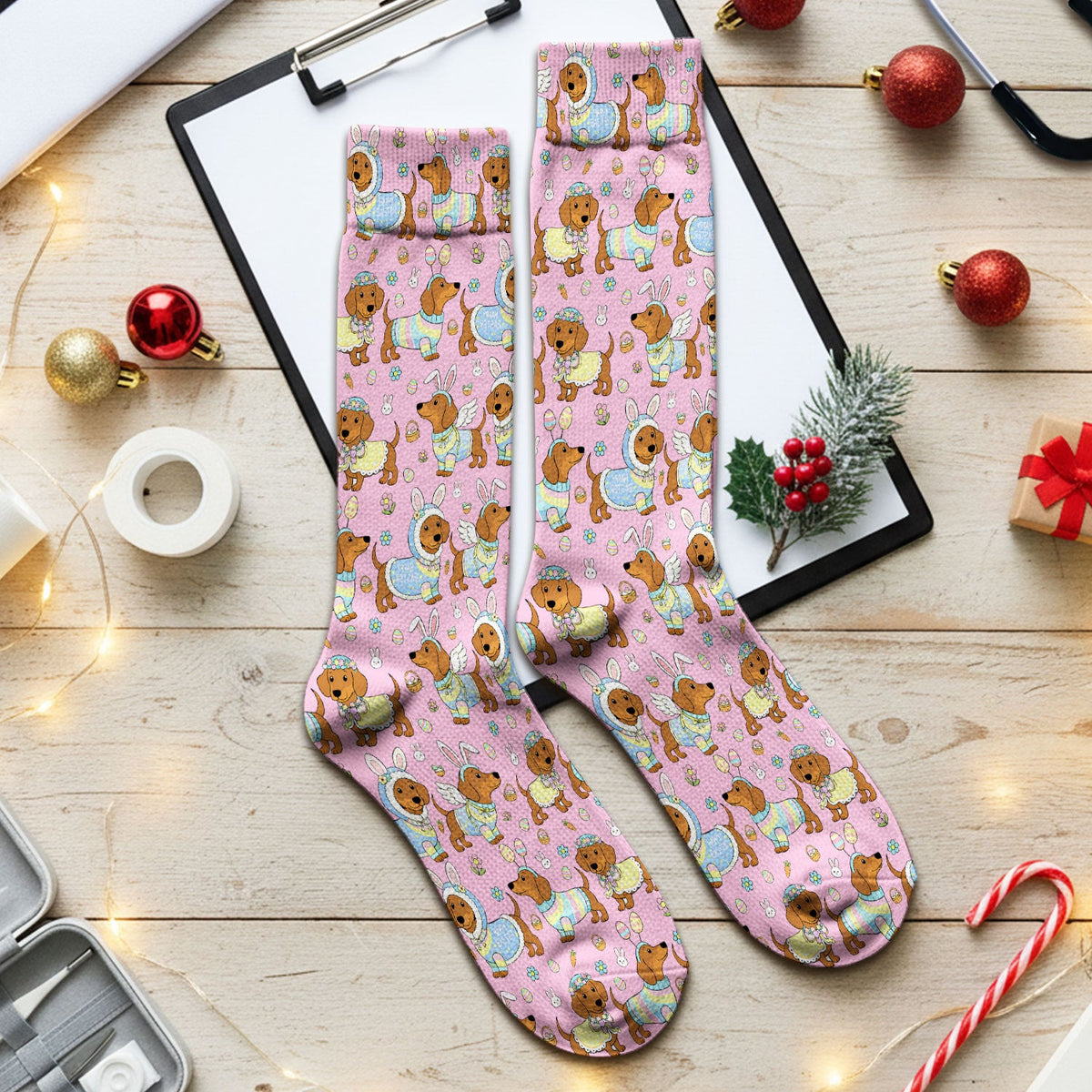 Easter Dachshund Bunny Pattern Nurse Socks, Breathable Fabrics Medical Uniform