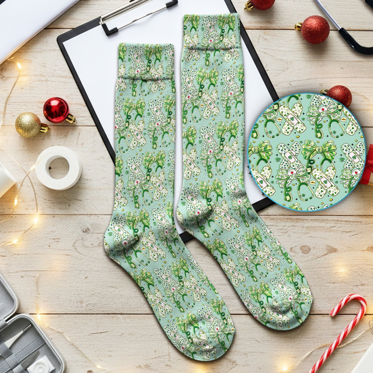 St Patrick Shamrock Stethoscope Bow Print Socks, Socks for Nurse Doctor