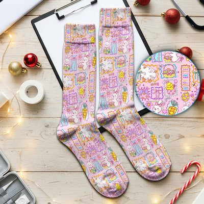 Cute Easter Bunny Egg and Bow Print Socks, Breathable Fabrics Medical Uniform