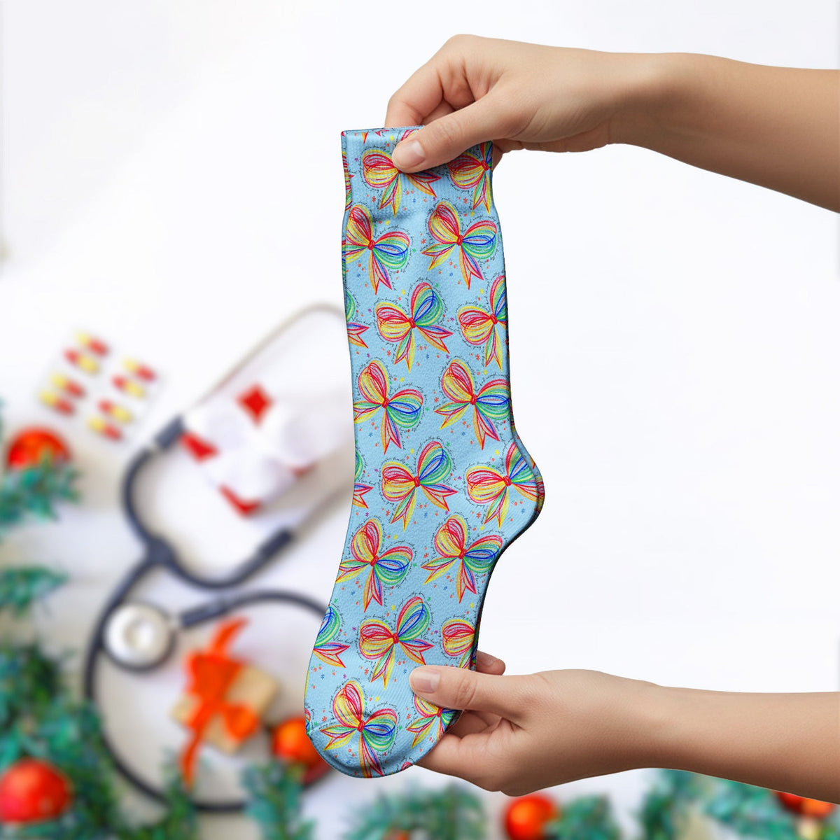 Colorful Rainbow Bow Pattern Sock, Socks for Nurse Doctor