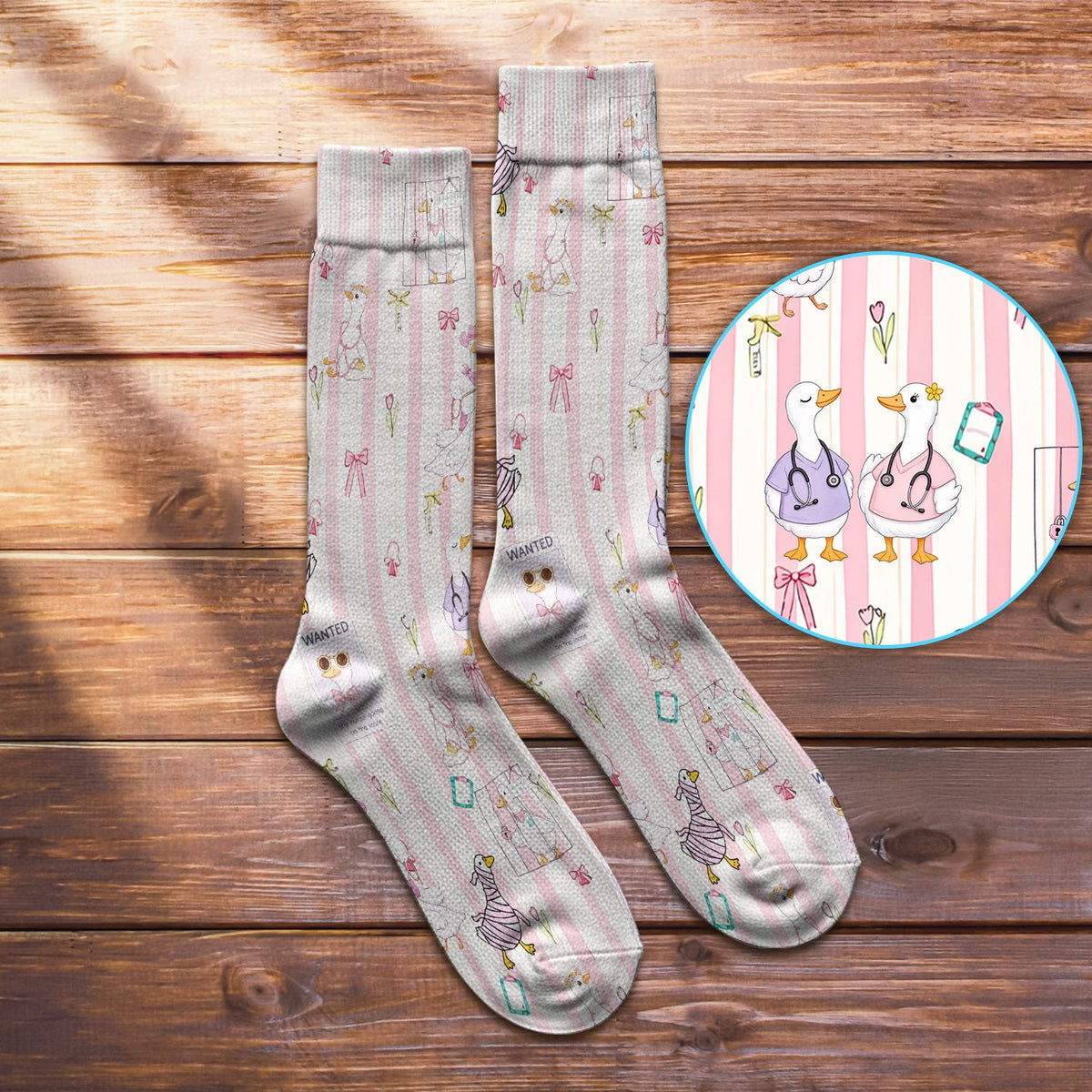 Cute Nurse Duck Stripe Pattern Socks, Adult Socks for Men and Women