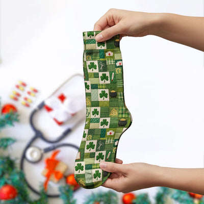 St Patrick Medical Patchwork Shamrock Socks, Adult Socks for Men and Women