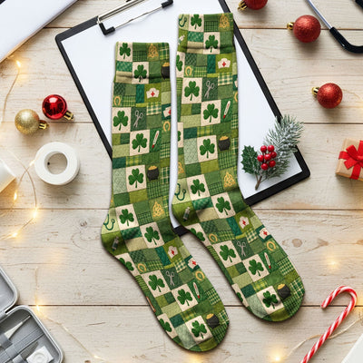 St Patrick Medical Patchwork Shamrock Socks, Adult Socks for Men and Women