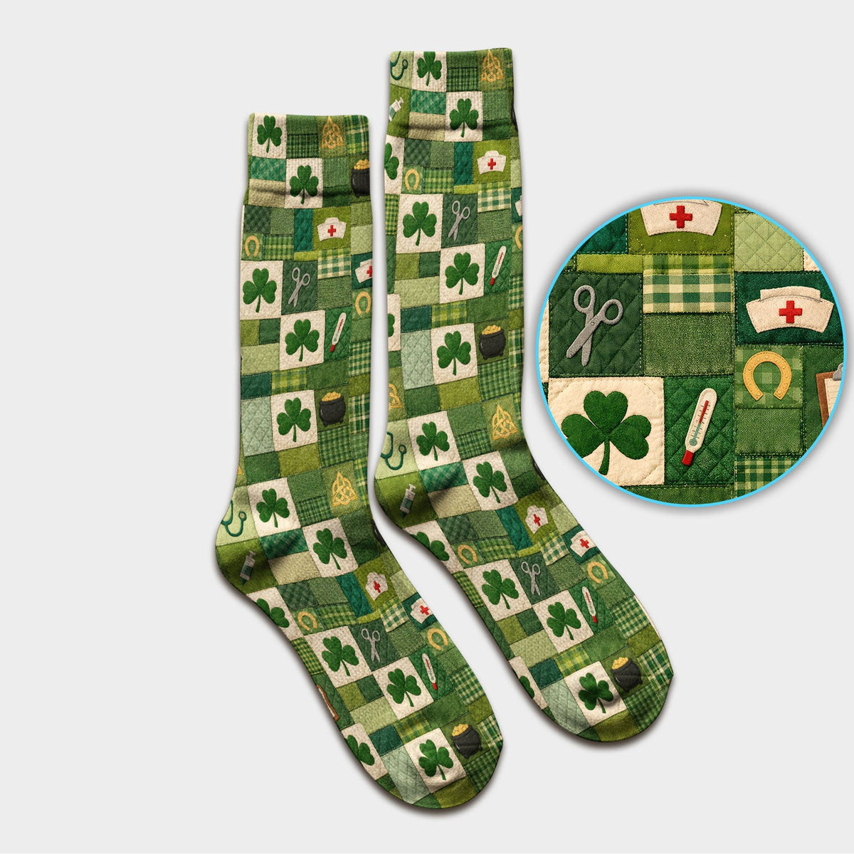 St Patrick Medical Patchwork Shamrock Socks, Adult Socks for Men and Women