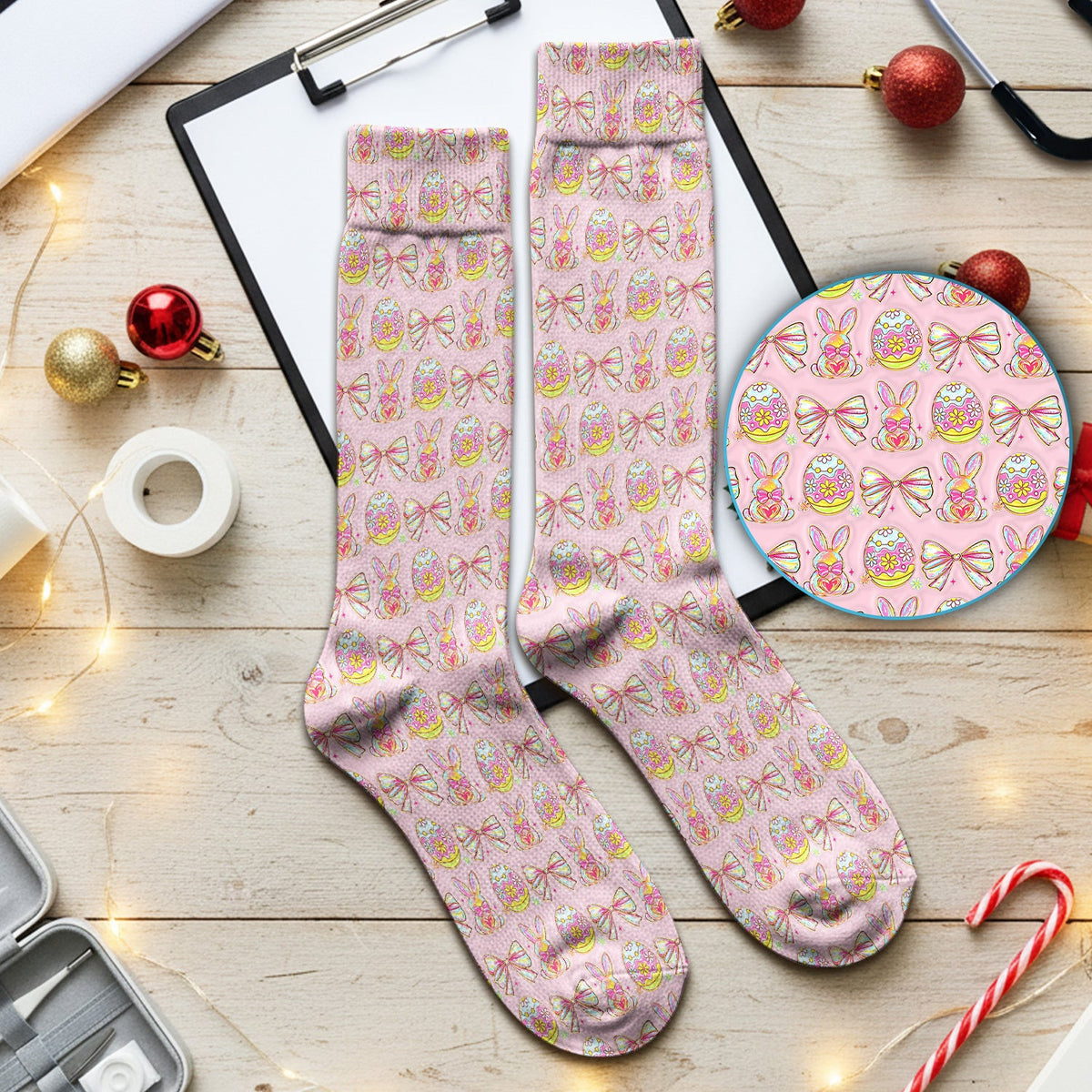 Easter Bunny Pastel Egg Bow Pattern Socks, Breathable Fabrics Medical Uniform
