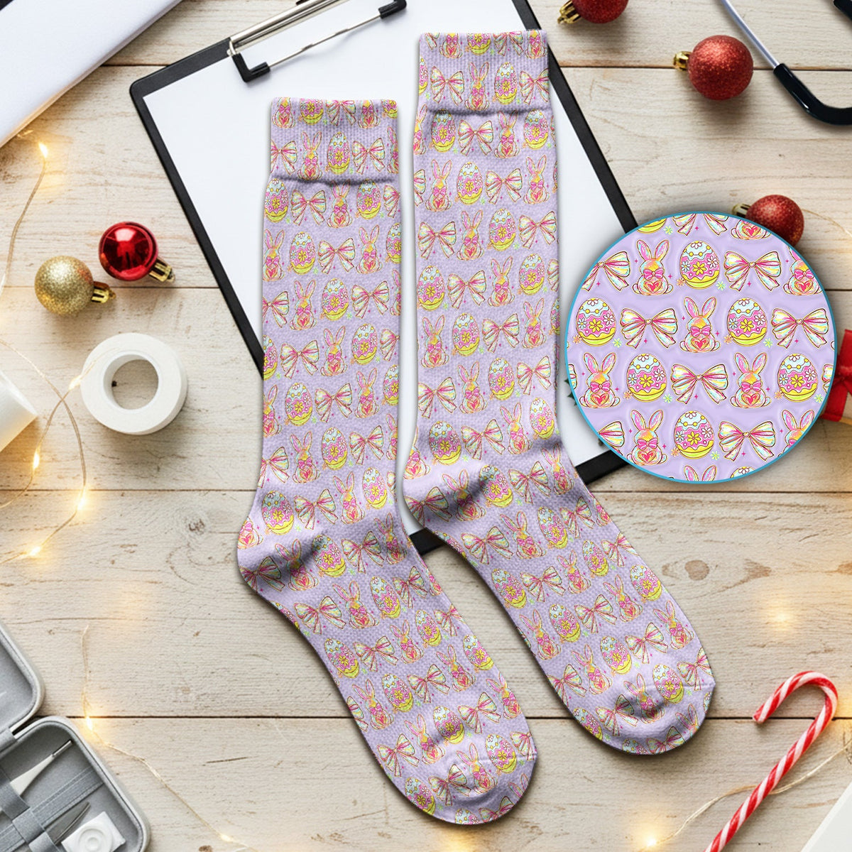 Easter Bunny Pastel Egg Bow Pattern Socks, Breathable Fabrics Medical Uniform