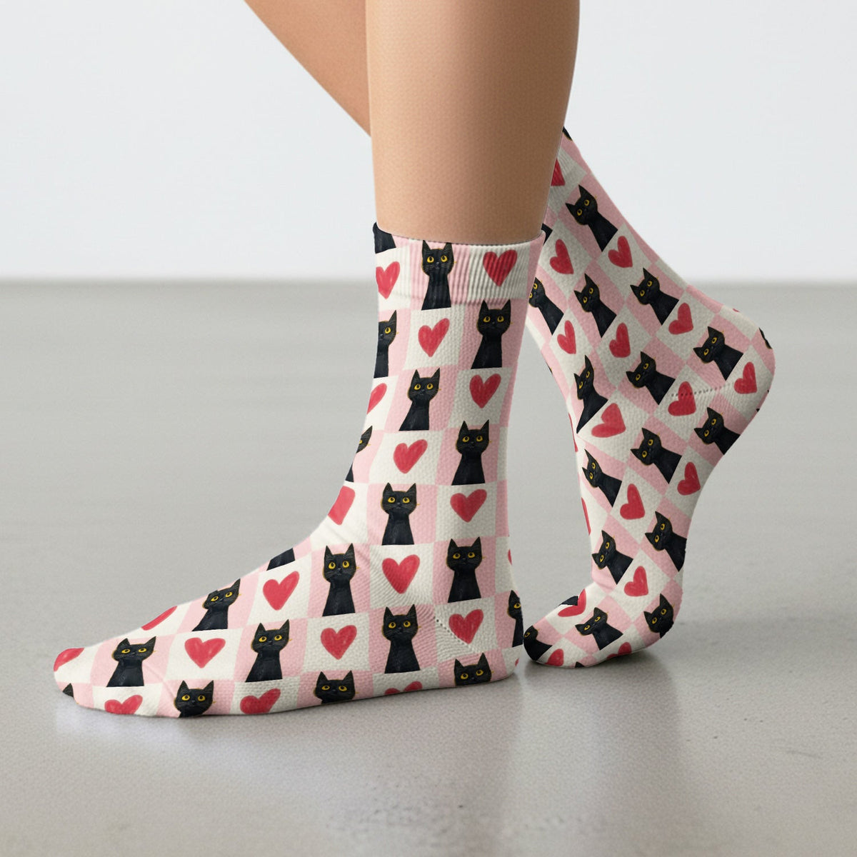 Cute Black Cat Heart Print Crew Socks, Pink Christmas Gift