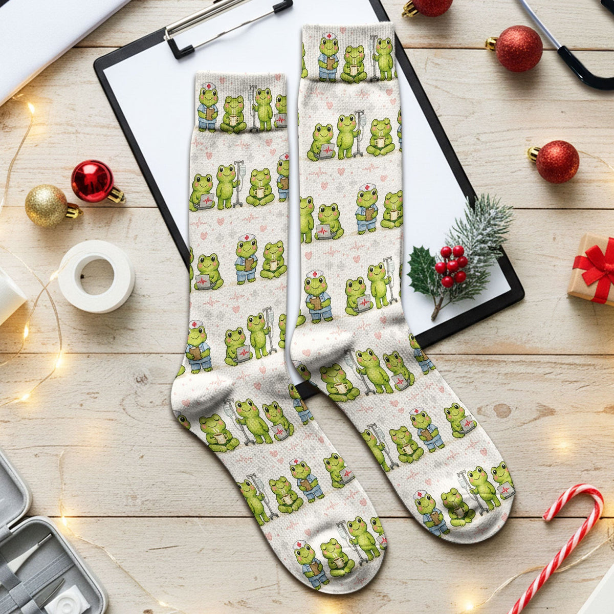 Adorable Frog Nurse Various Poses Print Socks, Breathable Fabrics Medical Uniform