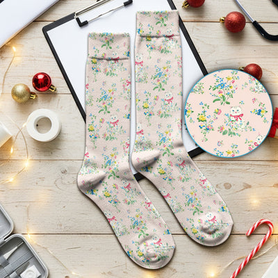 Vintage Floral Cat Pattern Socks, Adult Socks for Men and Women