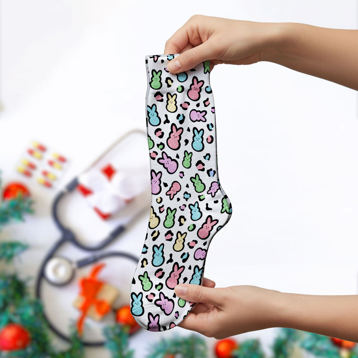 Cute Easter Bunny Pastel Pattern Socks, Socks for Nurse Doctor