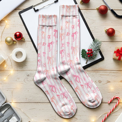 Pink Bow Stripe Pattern Print Socks, Adult Socks for Men and Women