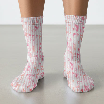 Pink Bow Stripe Pattern Print Socks, Adult Socks for Men and Women