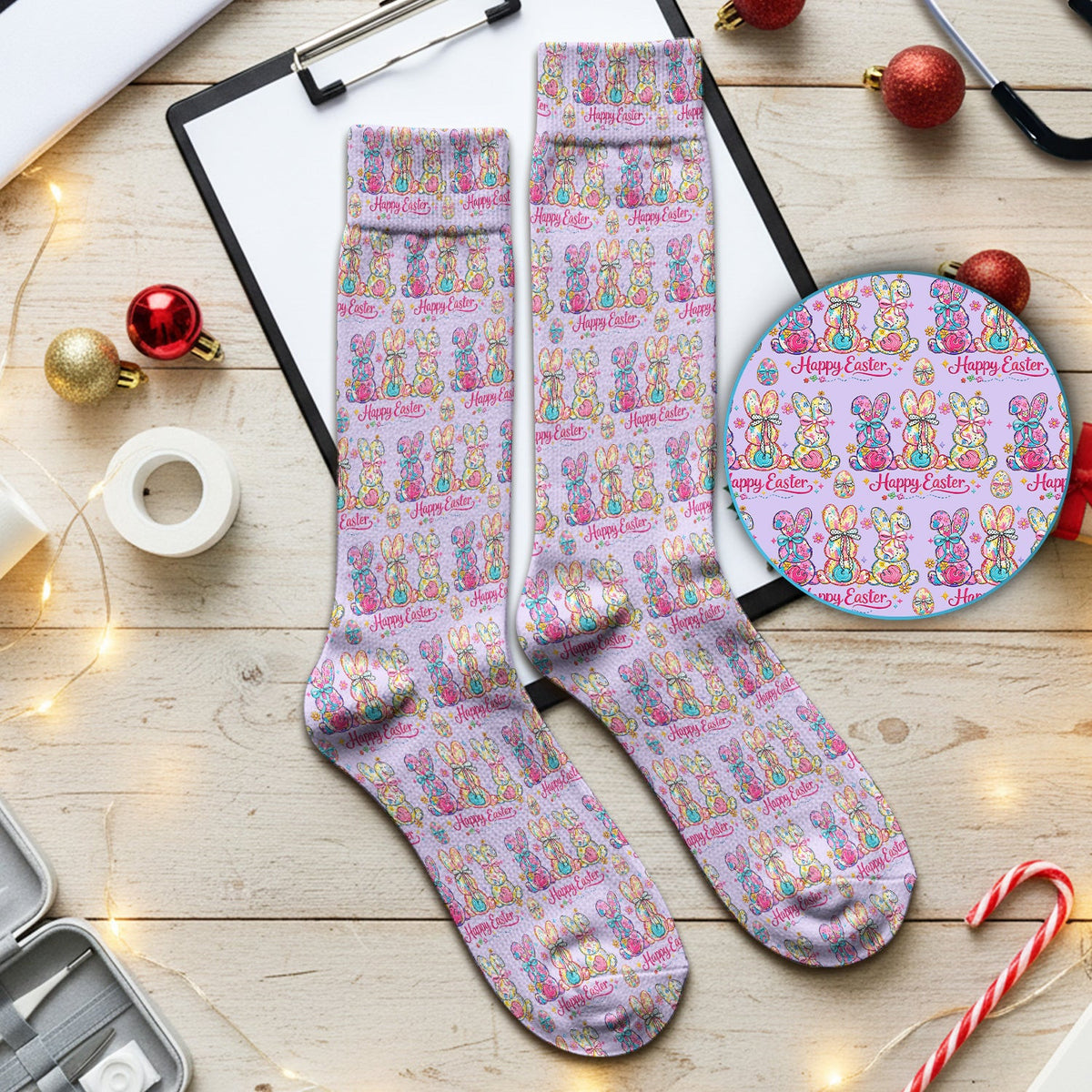 Pink Happy Easter Bunny Pattern Socks, Breathable Fabrics Medical Uniform