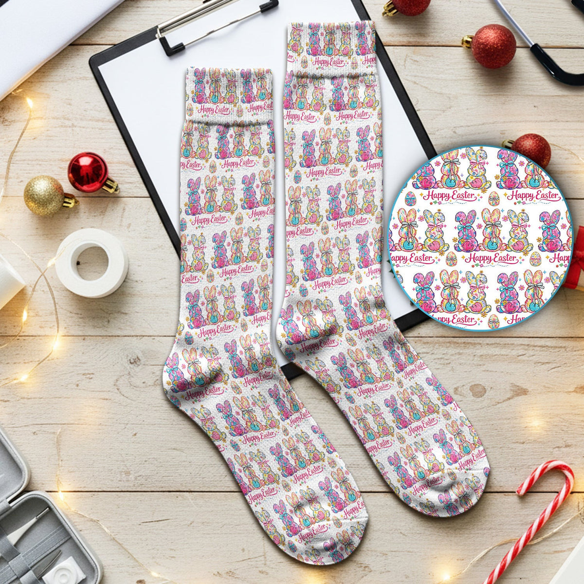 Pink Happy Easter Bunny Pattern Socks, Breathable Fabrics Medical Uniform