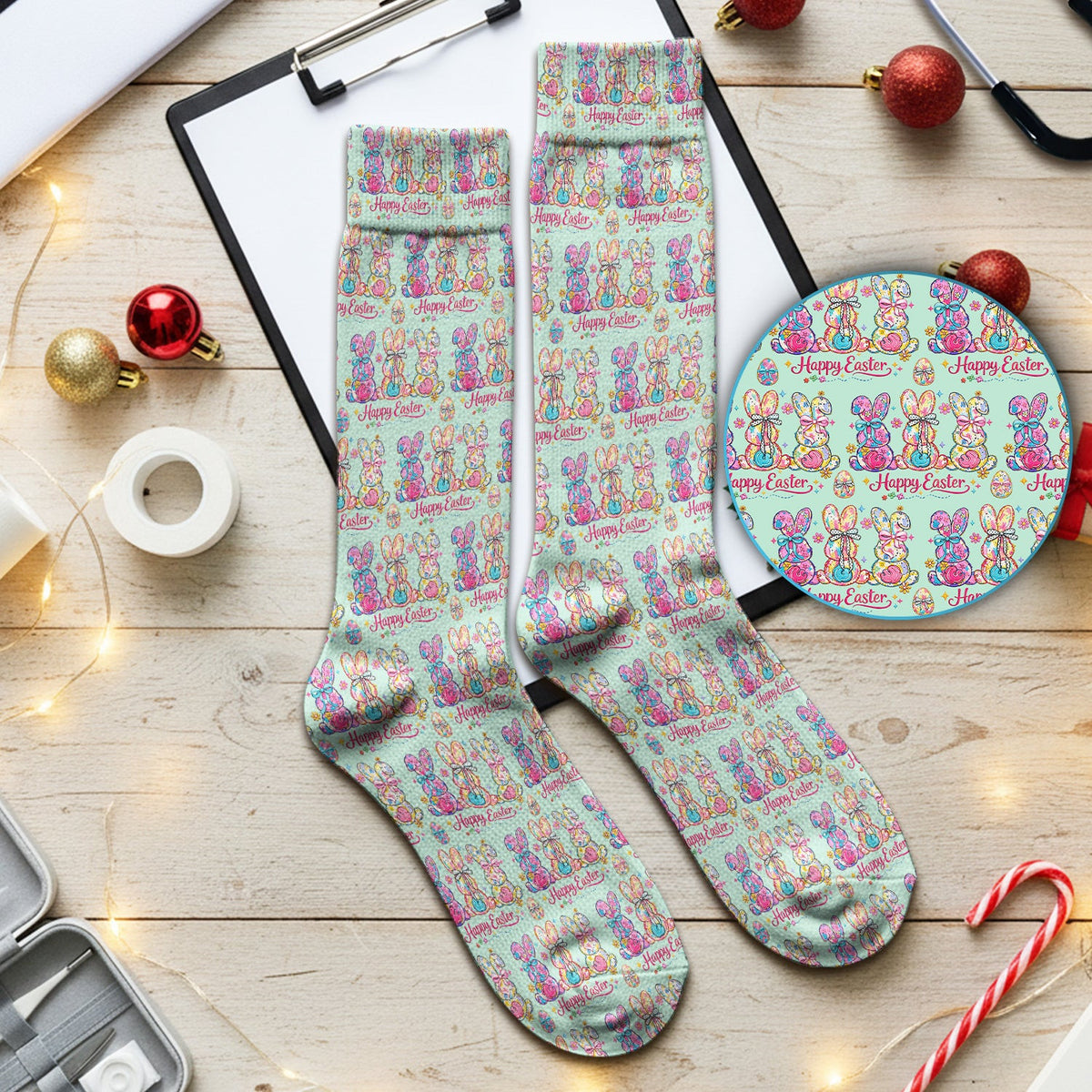 Pink Happy Easter Bunny Pattern Socks, Breathable Fabrics Medical Uniform
