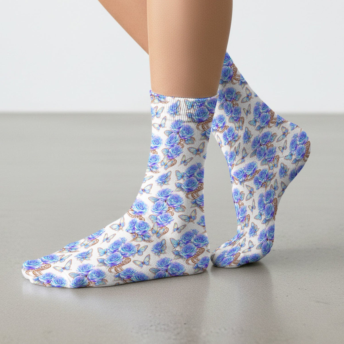 Blue Rose Butterfly Floral Print Socks, Socks for Nurse Doctor