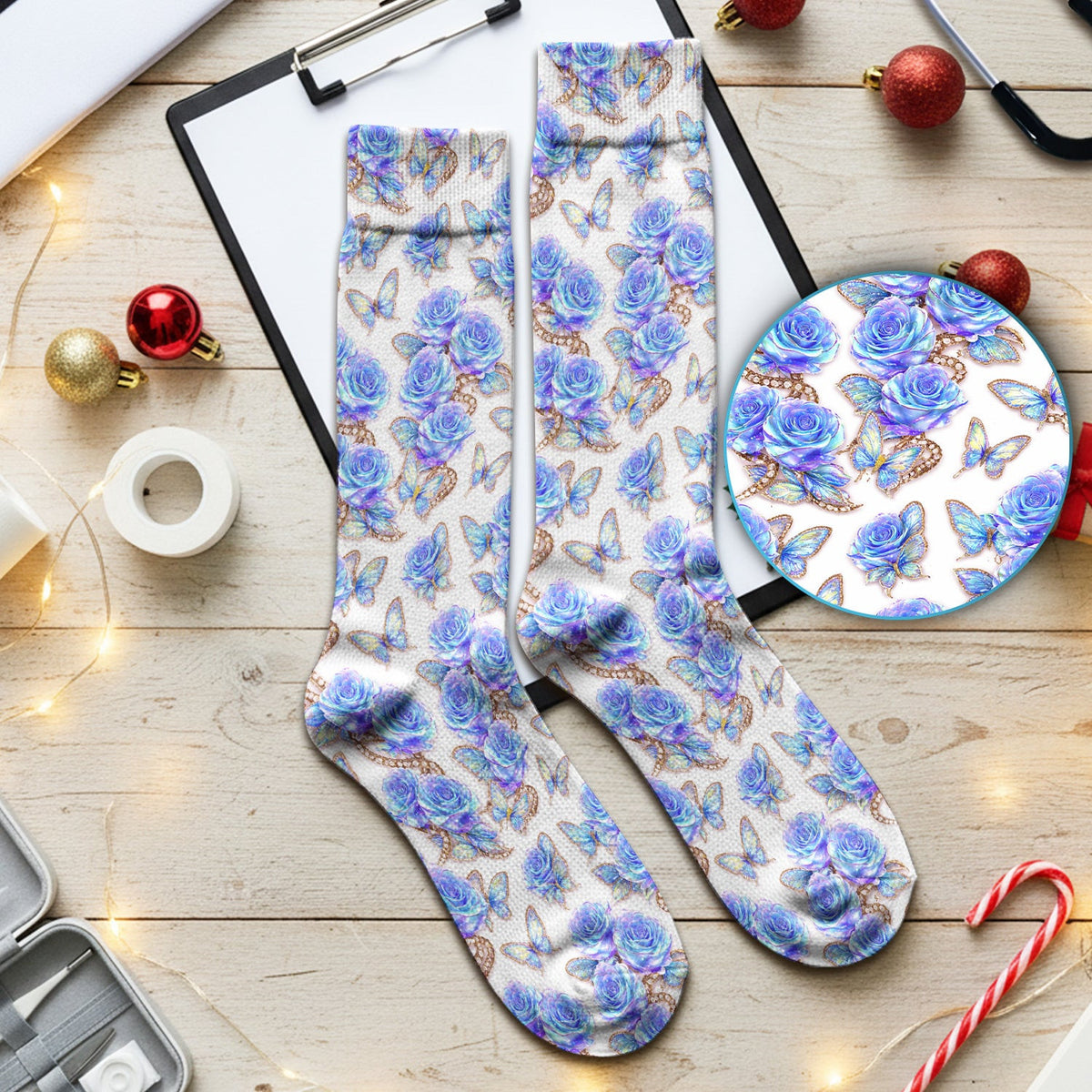 Blue Rose Butterfly Floral Print Socks, Socks for Nurse Doctor