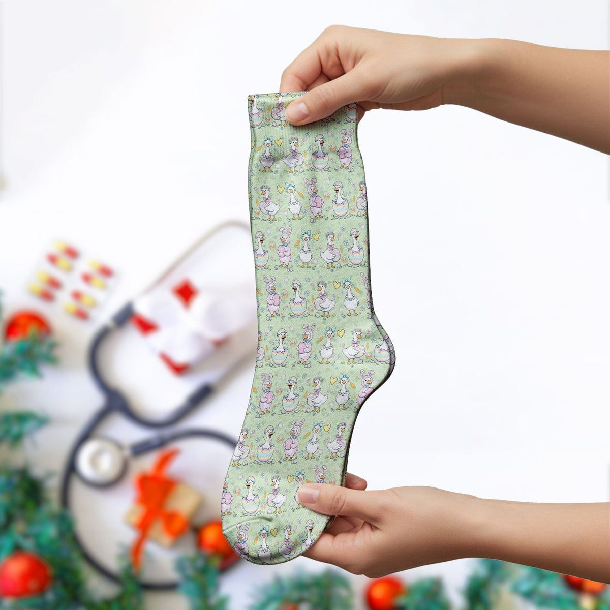Easter Goose Bunny Egg Print Socks, Breathable Fabrics Medical Uniform