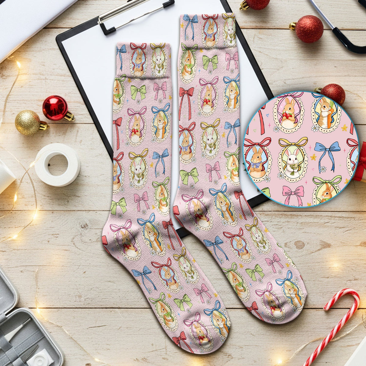 Cute Easter Bunny Cameo Colorful Bow Patternl Socks, Socks for Nurse Doctor