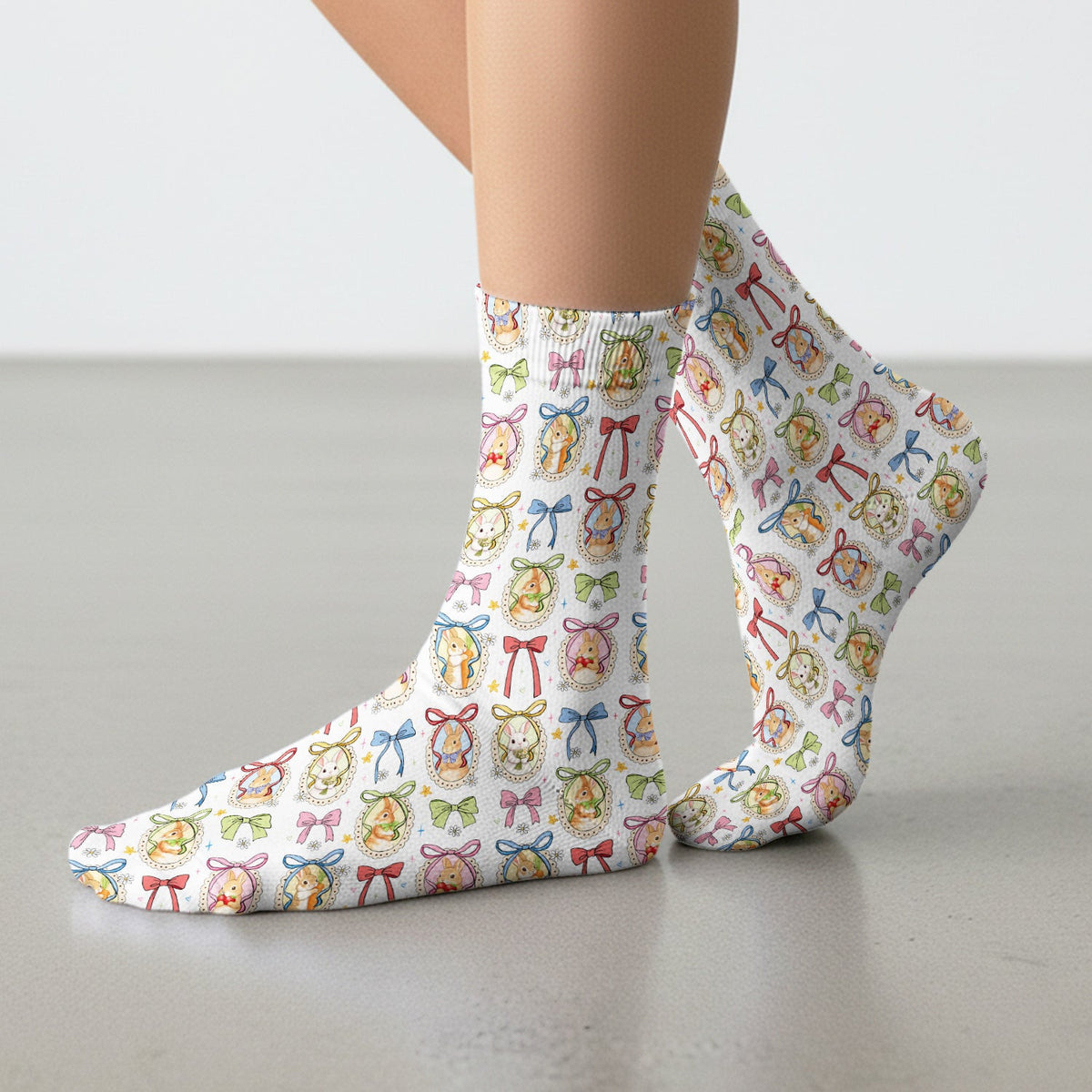 Cute Easter Bunny Cameo Colorful Bow Patternl Socks, Socks for Nurse Doctor