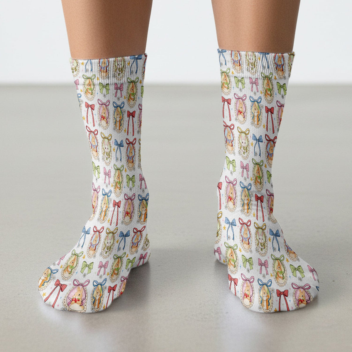 Cute Easter Bunny Cameo Colorful Bow Patternl Socks, Socks for Nurse Doctor
