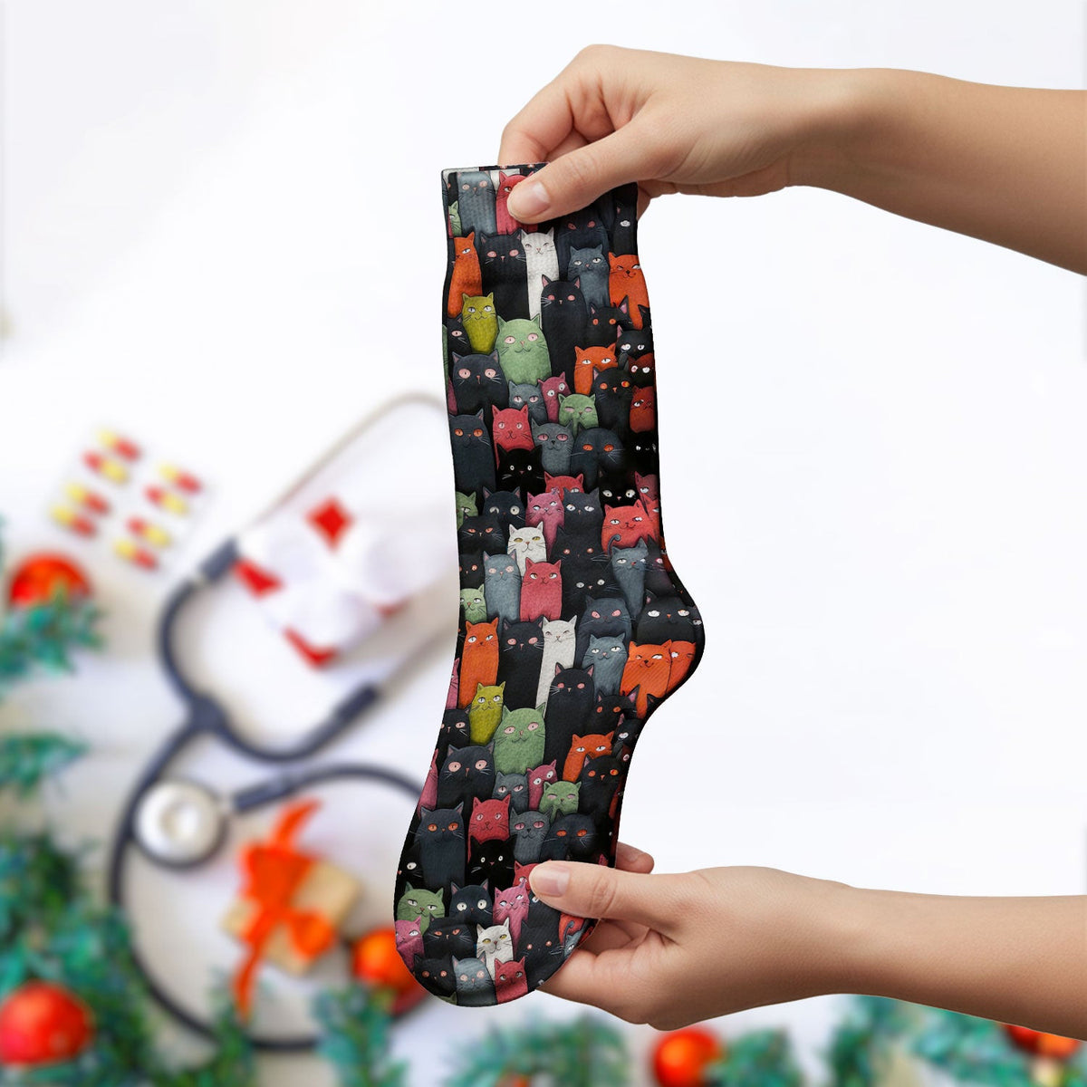 Cat Pattern Nurse Scrub Socks, Artistic Cat Nurses Sock For Women, Breathable Fabrics Nursing Uniform