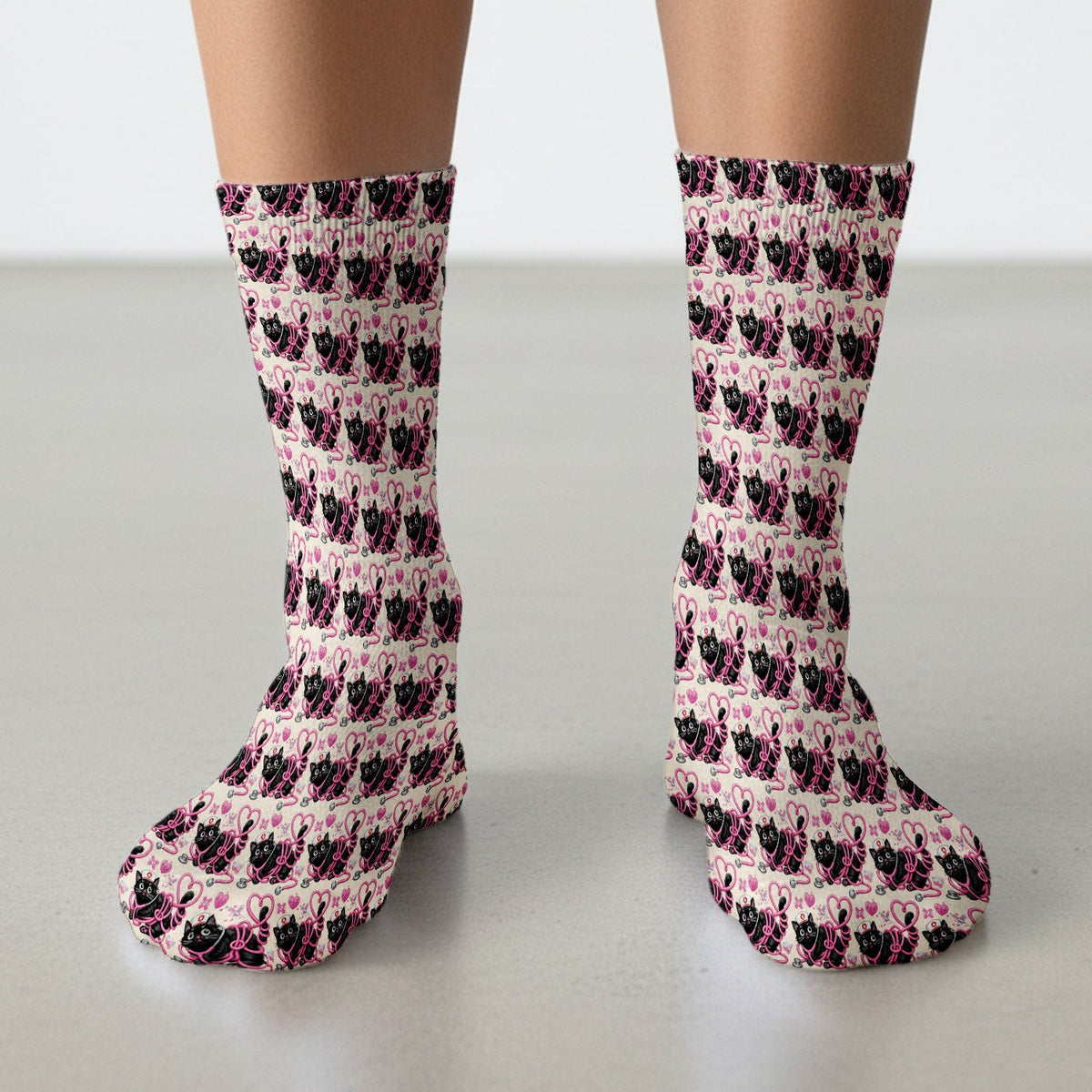 Valentine Cute Cat Nurse Heart Print Medical Socks, Adult Socks for Men and Women