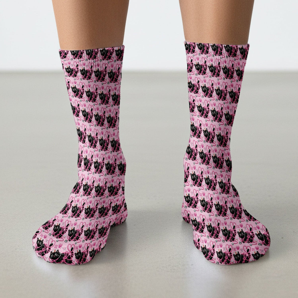 Valentine Cute Cat Nurse Heart Print Medical Socks, Adult Socks for Men and Women