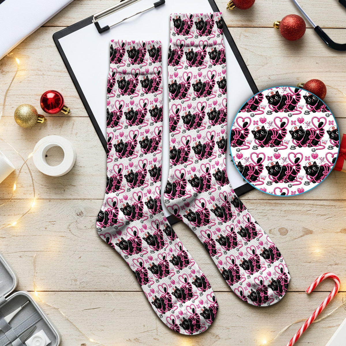 Valentine Cute Cat Nurse Heart Print Medical Socks, Adult Socks for Men and Women