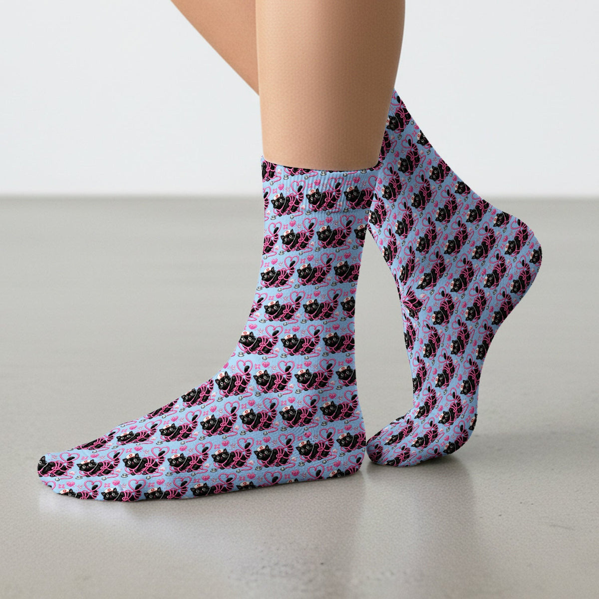 Valentine Cute Cat Nurse Heart Print Medical Socks, Adult Socks for Men and Women
