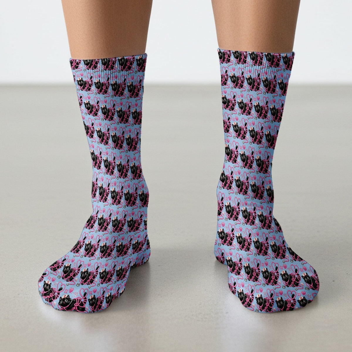 Valentine Cute Cat Nurse Heart Print Medical Socks, Adult Socks for Men and Women