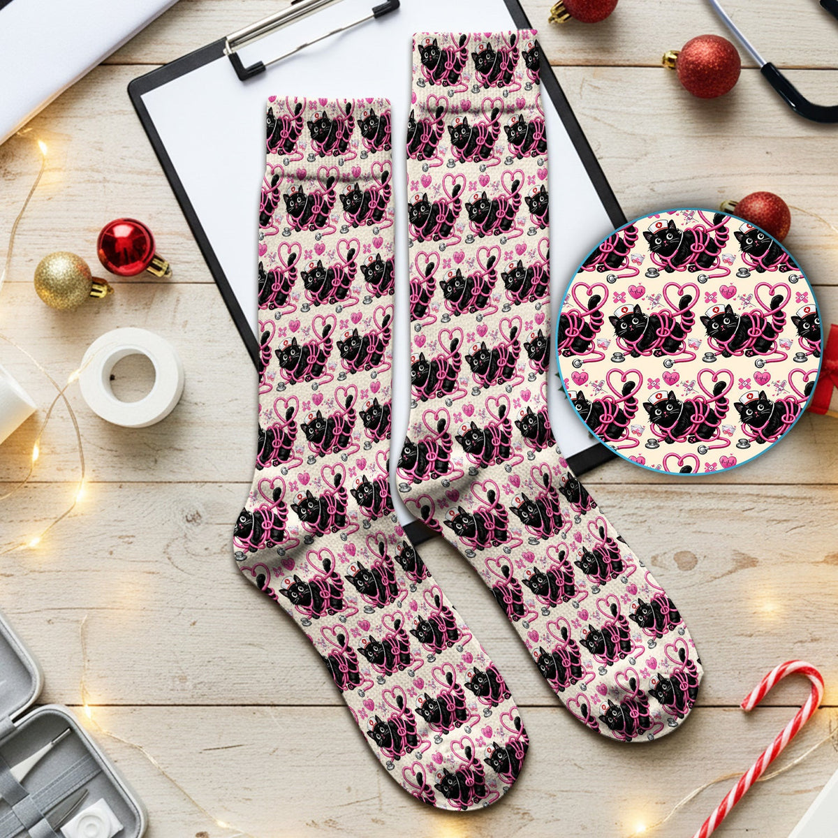 Valentine Cute Cat Nurse Heart Print Medical Socks, Adult Socks for Men and Women