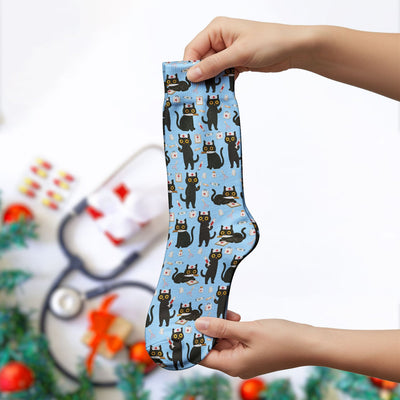 Cute Black Cat Nurse Pattern Medical Socks, Breathable Fabrics Medical Uniform