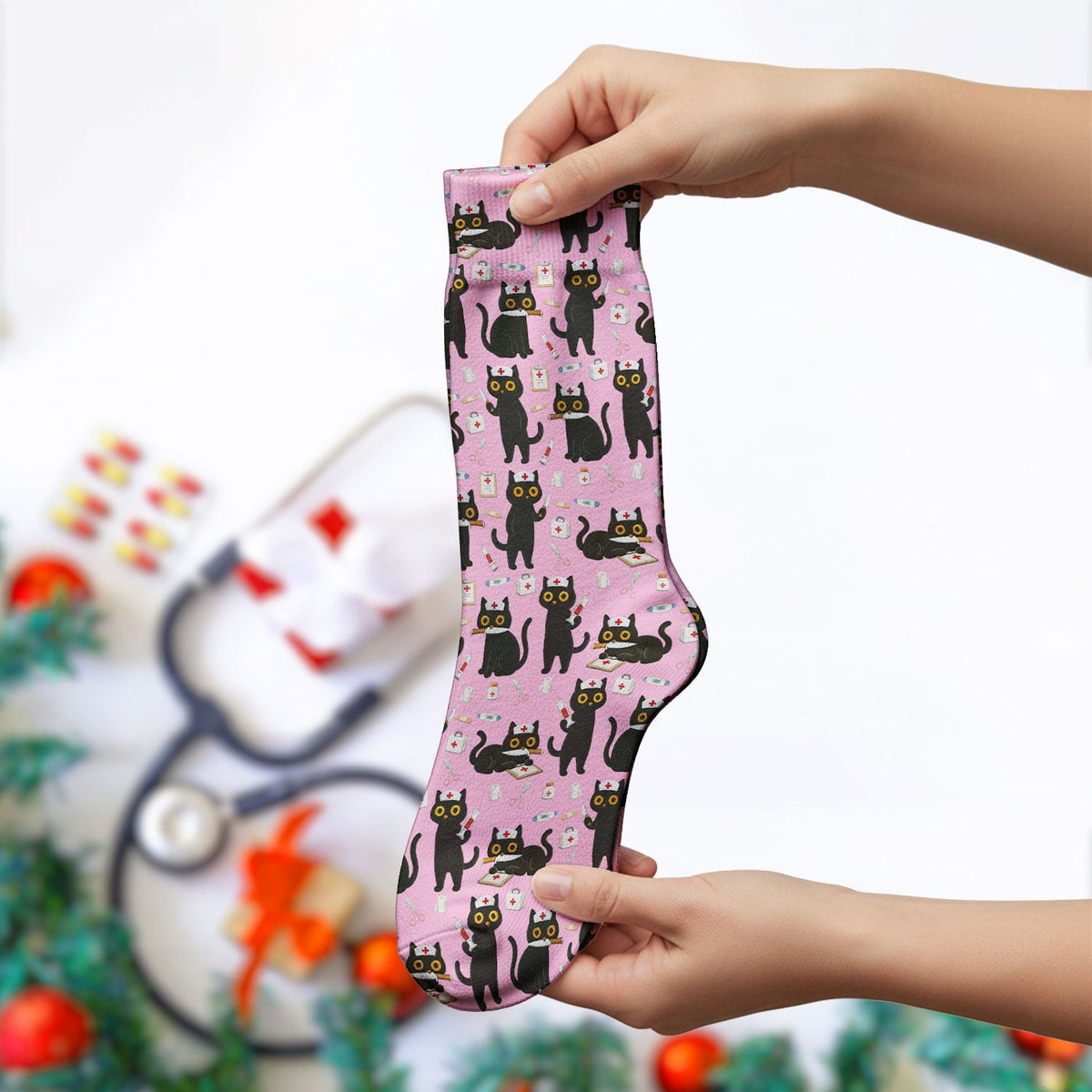 Cute Black Cat Nurse Pattern Medical Socks, Breathable Fabrics Medical Uniform