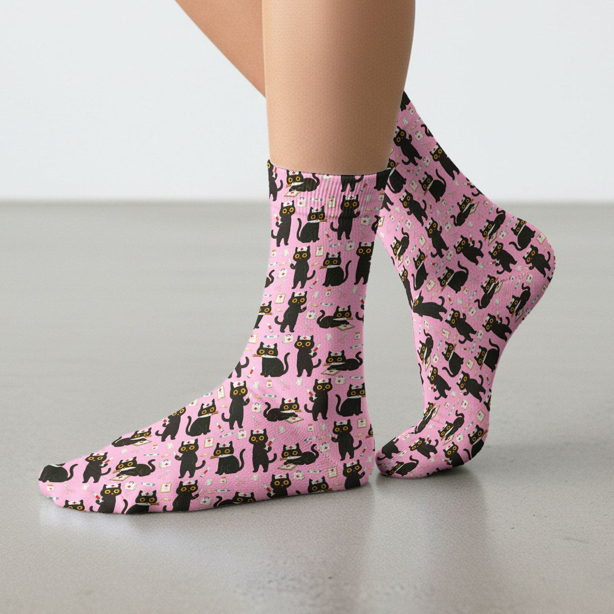Cute Black Cat Nurse Pattern Medical Socks, Breathable Fabrics Medical Uniform