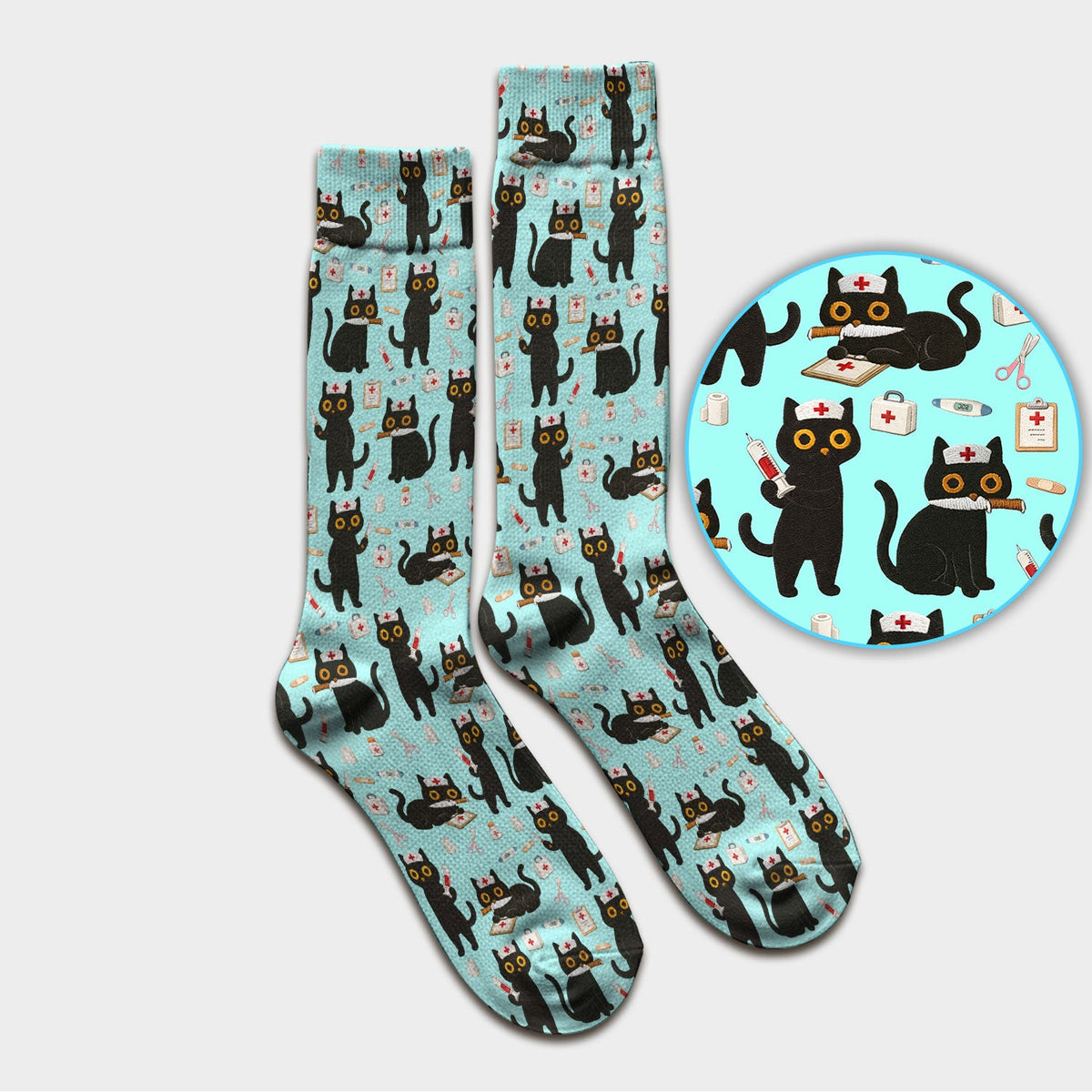 Cute Black Cat Nurse Pattern Medical Socks, Breathable Fabrics Medical Uniform