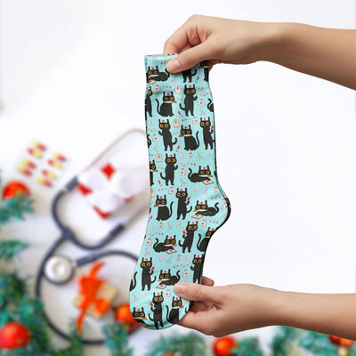 Cute Black Cat Nurse Pattern Medical Socks, Breathable Fabrics Medical Uniform