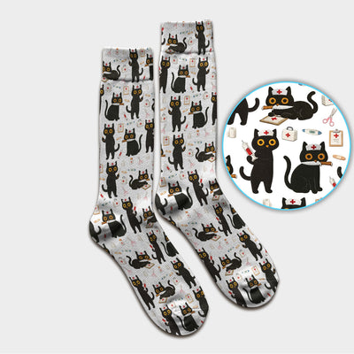 Cute Black Cat Nurse Pattern Medical Socks, Breathable Fabrics Medical Uniform