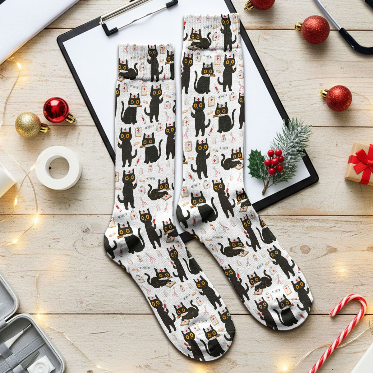 Cute Black Cat Nurse Pattern Medical Socks, Breathable Fabrics Medical Uniform