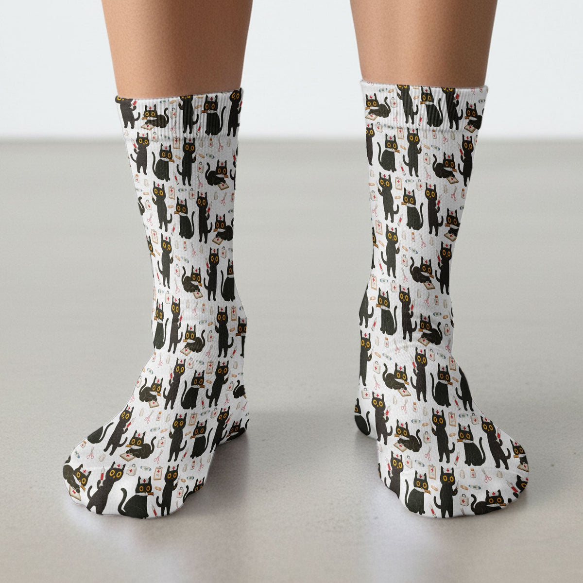 Cute Black Cat Nurse Pattern Medical Socks, Breathable Fabrics Medical Uniform