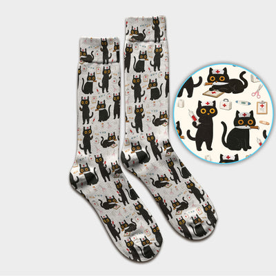 Cute Black Cat Nurse Pattern Medical Socks, Breathable Fabrics Medical Uniform
