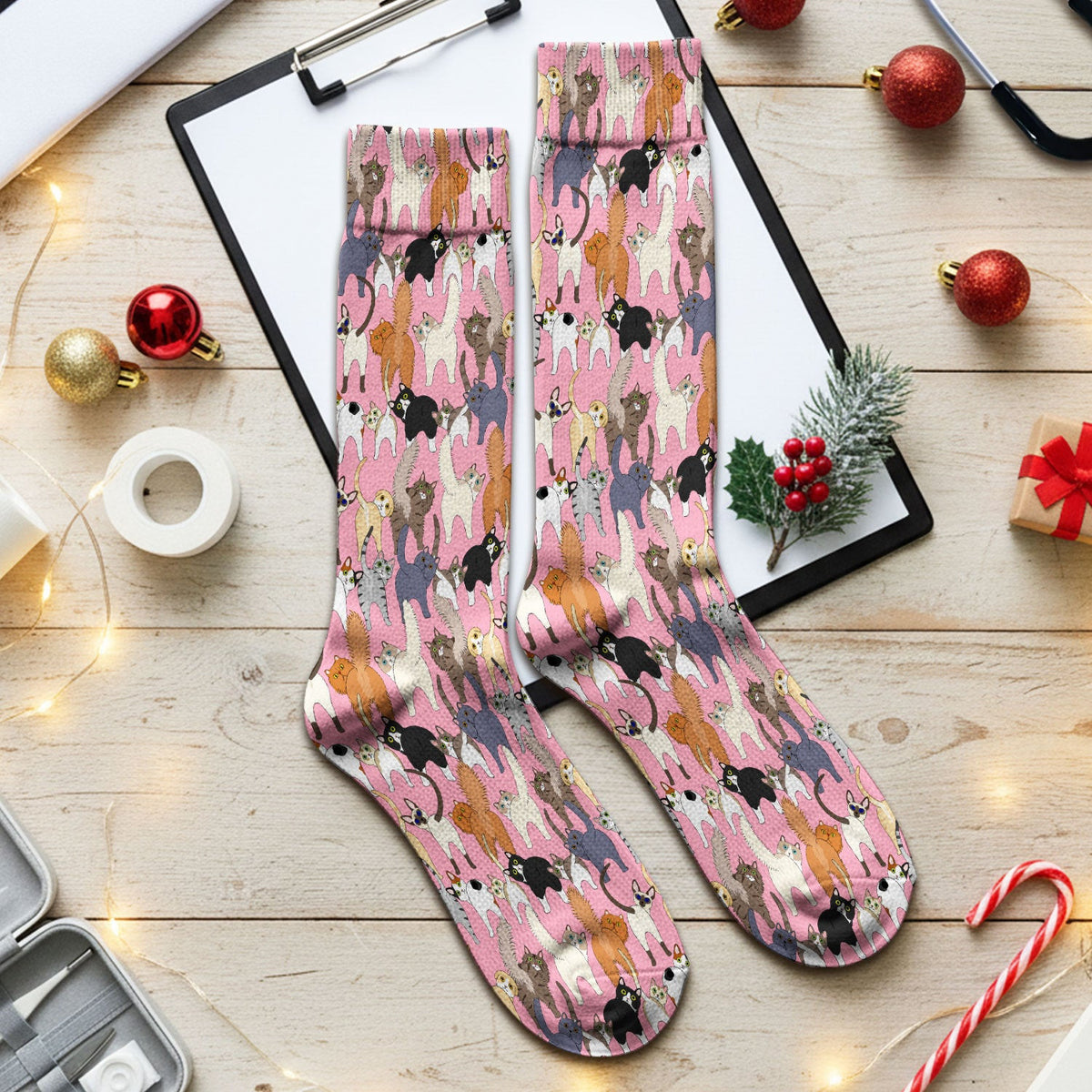 Whimsical Multicolor Cat Cartoon Pattern Medical Socks, Socks for Nurse Doctor