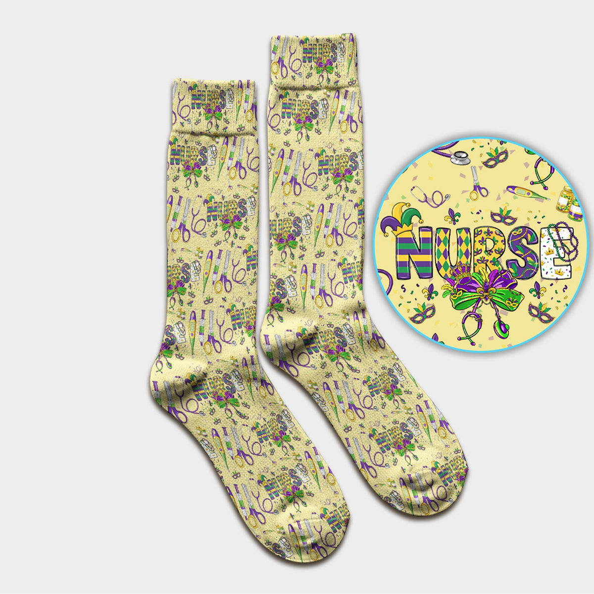 Mardi Gras Nurse Scrub Socks, Holiday Medical Pattern Nurse Sock, Breathable Fabrics Nursing Uniform