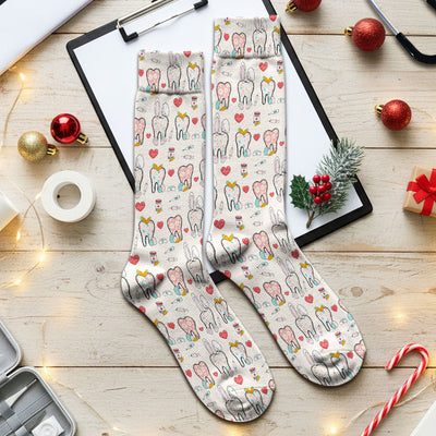 Playful Bunny Dentist Illustration Medical Socks, Adult Socks for Men and Women