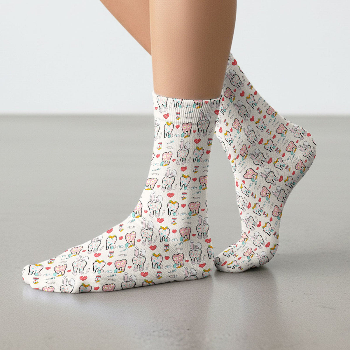 Playful Bunny Dentist Illustration Medical Socks, Adult Socks for Men and Women