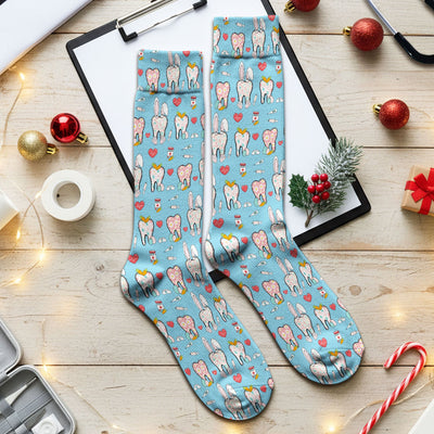 Playful Bunny Dentist Illustration Medical Socks, Adult Socks for Men and Women
