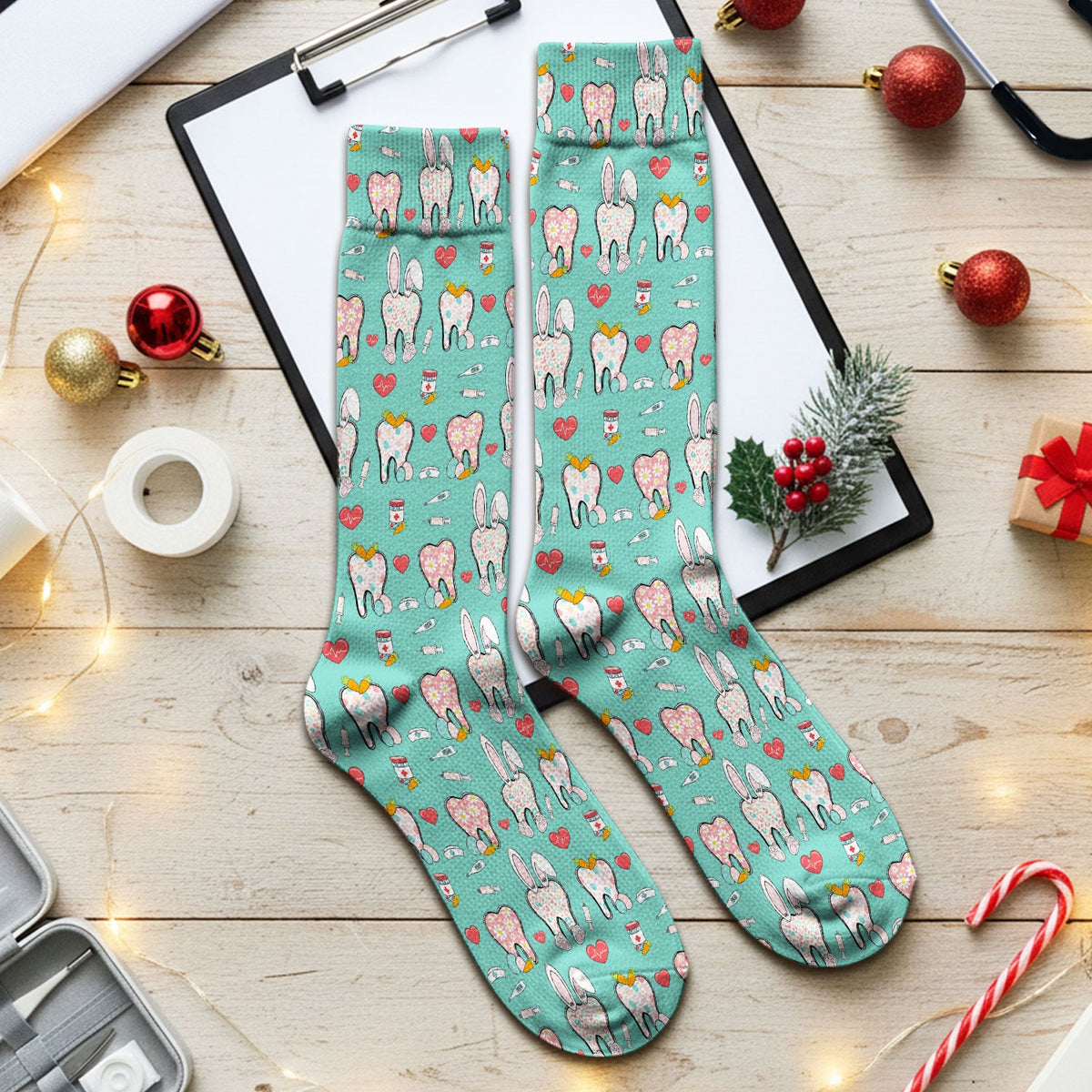 Playful Bunny Dentist Illustration Medical Socks, Adult Socks for Men and Women